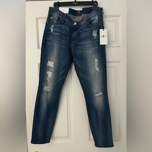 NWT 7 For All Mankind Distressed Mid Blue The Ankle Skinny Super Skinny Jeans 32